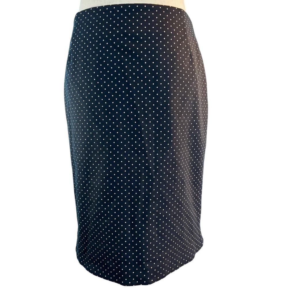 AKRIS PUNTO Straight Skirt Lined Stretch Cotton Dark Blue w/ White Polka Dot 4